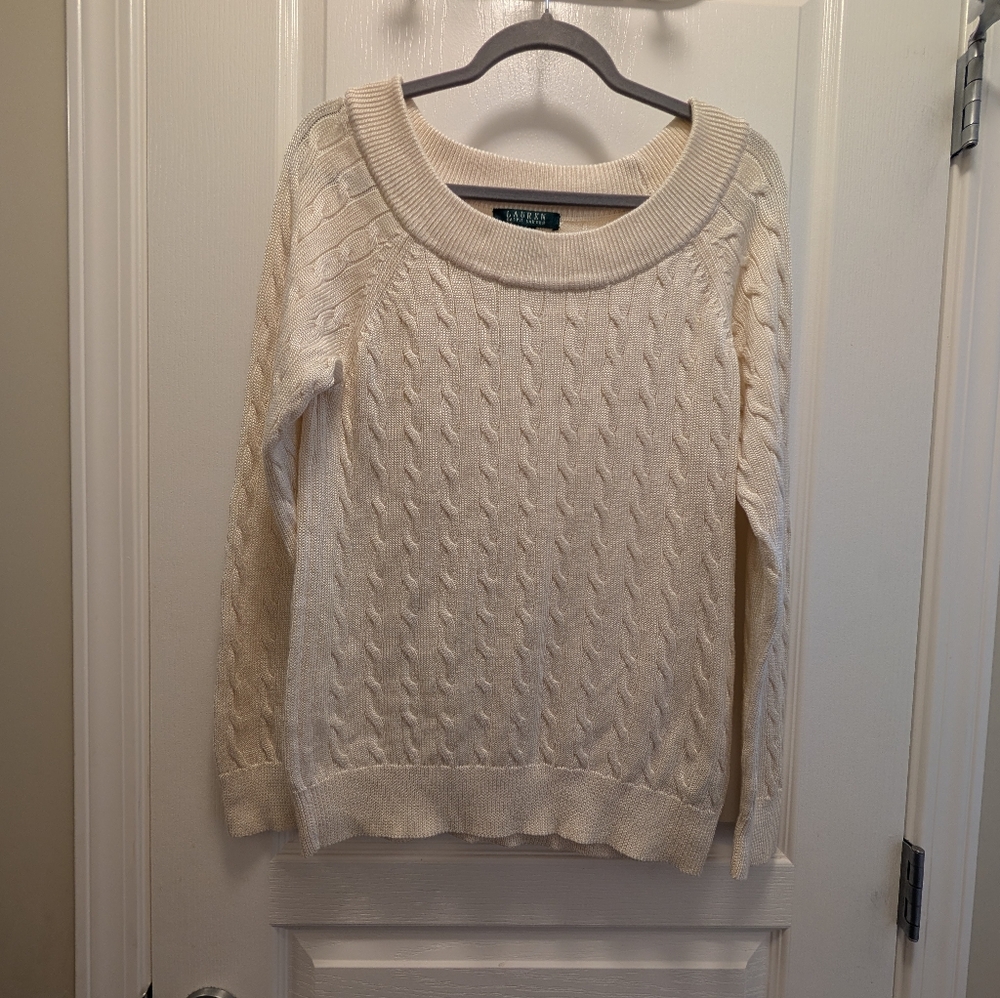 Preppy  Lauren Ralph Lauren Cream Cable Knit Sweater Size Large Pit To Pit 19-21